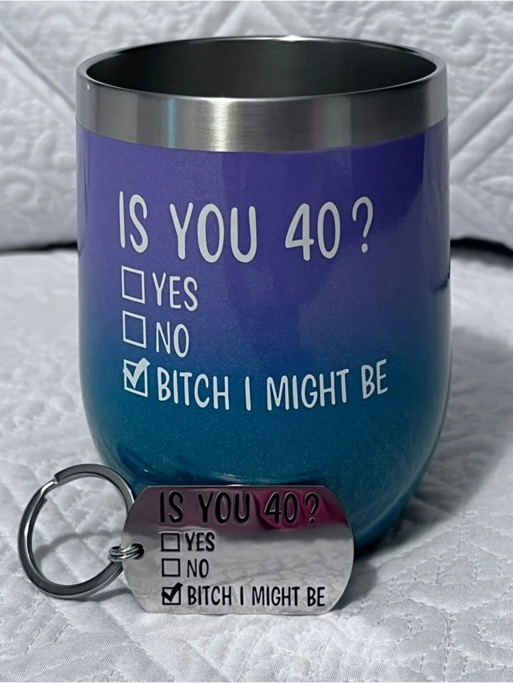 Funny 40th Birthday Wine Tumbler & Keychain Set